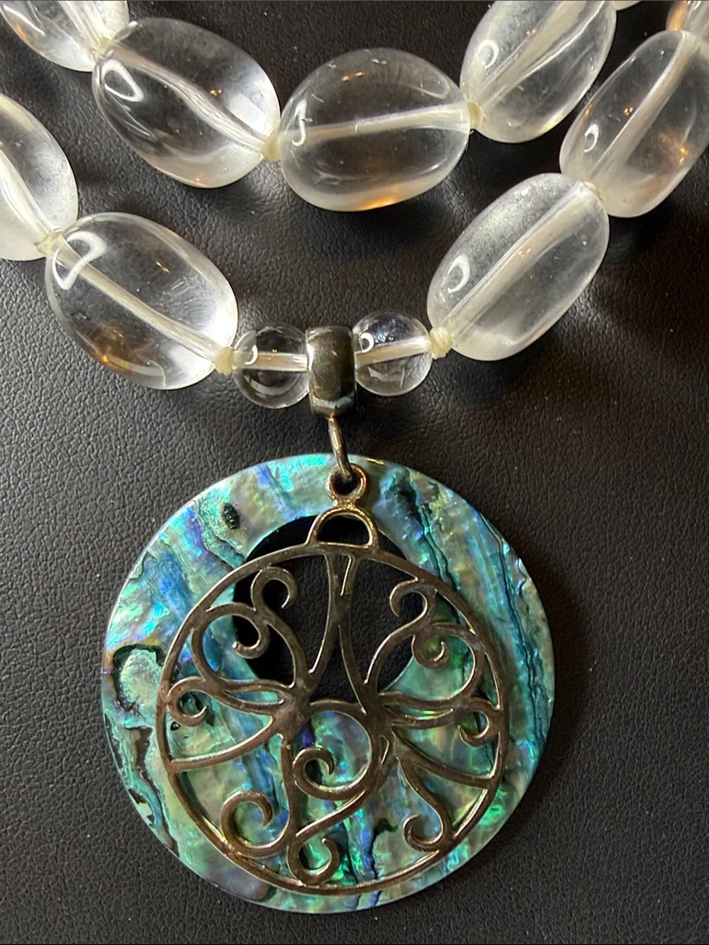 Sterling silver 925 artisan Clear Glass Bead Necklace Abalone Pendant runway